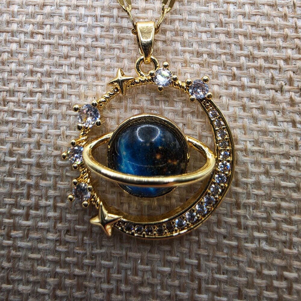 18K Gold Plated Saturn Planet Pendant Necklace Blue CZ Celestial Space Jewelry